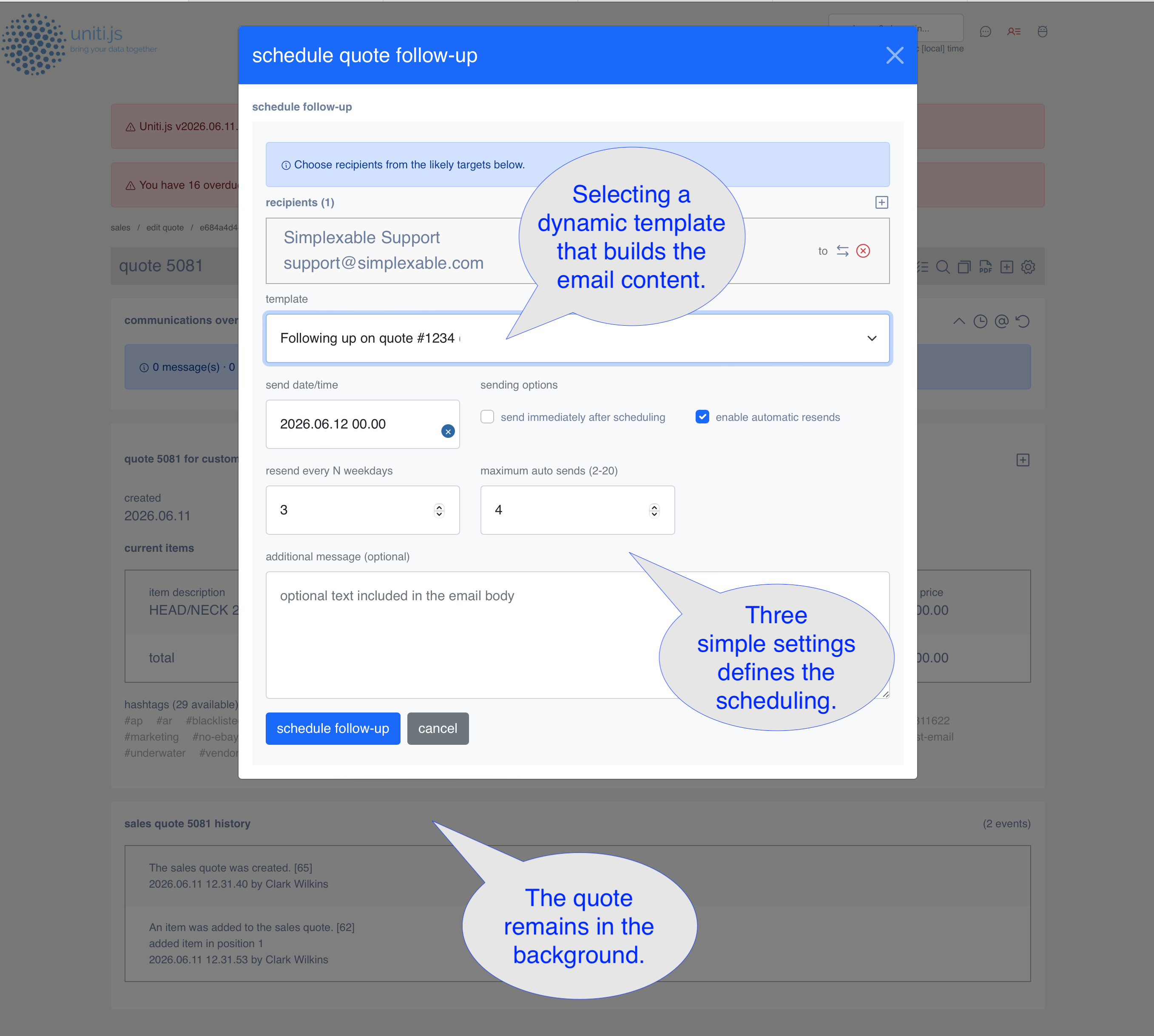 Uniti quote follow-up policy configuration showing weekday interval, maximum follow-up count, and opt-out behavior.