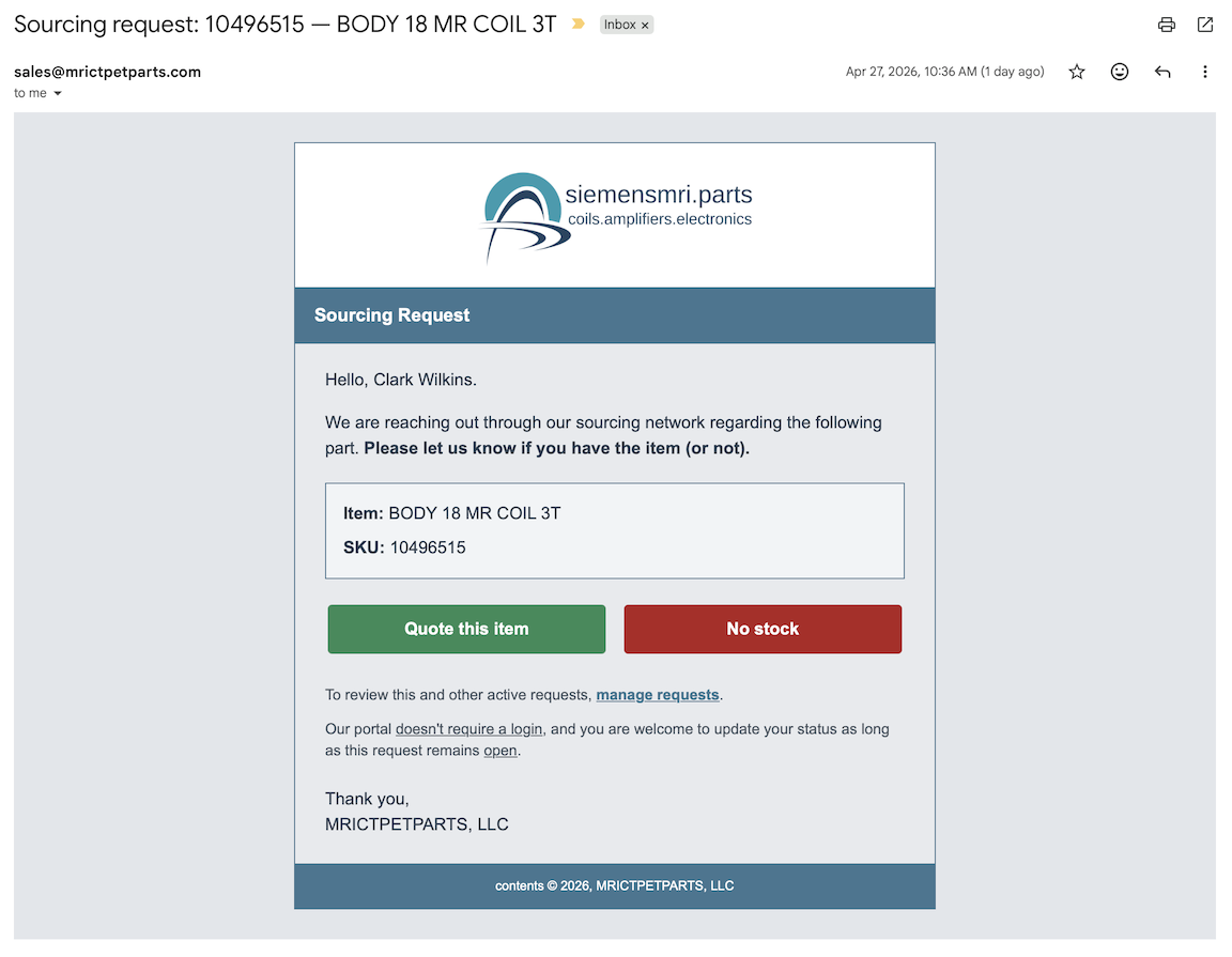 Sourcing request email shown to a vendor: clear subject and body with two response options.